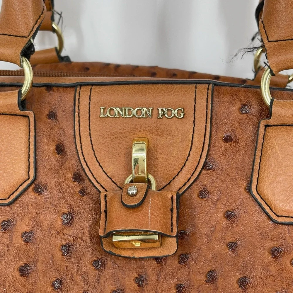 London Fog Womens Cognac Ostrich Embossed Satchel Handbag Large